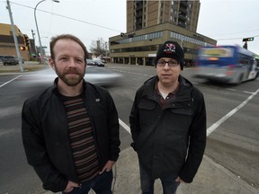 Dr. Darren Markland (left) and Conrad Nobert at the intersection of 111 Avenue and 101 Street in Edmonton on Nov. 17, 2015.