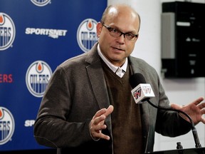 Edmonton Oilers general manager Peter Chiarelli speaks at a news conference on Nov. 28, 2015.