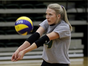 University of Alberta Pandas volleyball player Kacey Otto, pictured at a team practise on Nov. 5, 2015, was one of the top Pandas in Friday's games against the University of Saskatchewan Huskies.