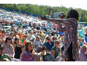 Emmanual Jal performs at the Edmonton Folk Music Festival in Edmonton. Aug. 8, 2015.