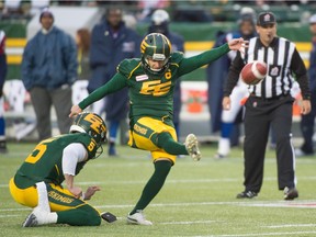 Sean Whyte of the Edmonton Eskimos kicks a field goal against the Montreal Alouettes during the team's final game of the CFL regular season on Nov. 1, 2015, at Commonwealth Stadium.