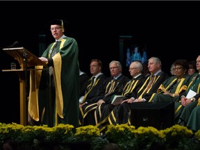 David H. Turpin speaks after he is installed as the new University of Alberta president and vice-chancellor in a formal ceremony at the Northern Alberta Jubilee Auditorium in Edmonton, November 16, 2015.