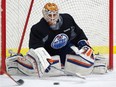 Cam Talbot stops shots at the Edmonton Oilers practice at the Clareview arena on Nov. 17, 2015.