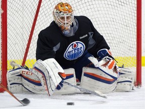 Oilers goalie Cam Talbot, practising earlier in November in Edmonton, will start for the Oilers in net against the Detroit Red Wings. The Joe Louis Arena has been good venue for Talbot in the past, though not for the Oilers recently.