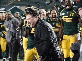 Head coach Chris Jones gets dumped with ice and water after the Eskimos defeated the Montreal Alouettes 40-22 in CFL action at Commonwealth Stadium in Edmonton, Nov. 2, 2015. The Eskimos  now have a break until the West Division final on Nov. 22.