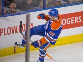 Edmonton Oilers Leon Draisaitl (29) celebrates scoring the first goal of the game against the New Jersey Devils during NHL action at Rexall Place on November 20.