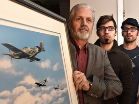 Tim Mallandaine with his twin sons Chase and William (in cap) next to a painting of a P-51K Mustang, called Edmonton Special (top of painting) that was flown by Tim's father John during the Second World War.