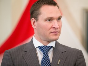 Deron Bilous, Minister of Economic Development and Trade, during a cabinet announcement at Government House in Edmonton on Oct. 22, 2015.