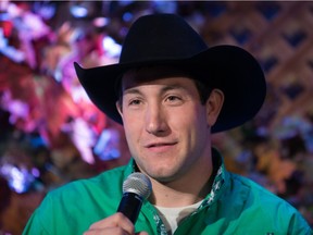 Steer wrestler Scott Guenthner, who topped the regular season standings after coming back from an injury in 2014, talks about the 2015 Canadian Finals Rodeo during a media event.