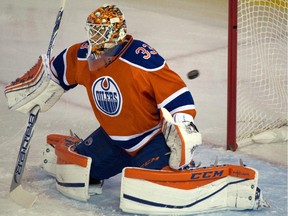 Goalie Cam Talbot is scored on during the Edmonton Oilers' 5-4 loss to the Calgary Flames at Rexall Place on Oct. 31, 2015.