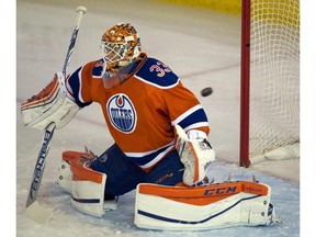 EDMONTON, ALTA: ¬†OCTOBER 31, 2015 -- goalie Cam Talbot (33) is scored on as the Edmonton Oilers play the Calgary Flames at Rexall place in Edmonton, October 31, 2015.