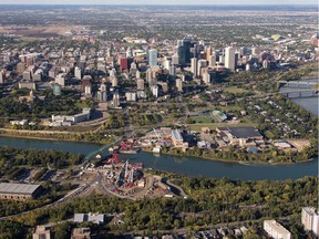 An aerial view of downtown Edmonton with the North Saskatchewan River in Edmonton on September 10, 2015.