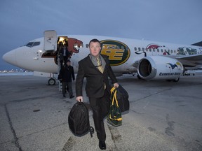 Edmonton Eskimos head coach Mike Jones arrives in Winnipeg on Tuesday, Nov. 24, 2015. The Eskimos will play the Ottawa RedBlacks in the 103rd Grey Cup on Sunday.