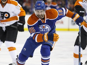 Edmonton forward Teddy Purcell (16) races Philadelphia centre Sam Gagner (89) and defenceman Mark Streit (32) for the puck during the first period of a NHL game between the Edmonton Oilers and the Philadelphia Flyers at Rexall Place in Edmonton, Alta. on Tuesday November 3, 2015. Ian Kucerak/Edmonton Sun/Postmedia Network