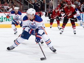 GLENDALE, AZ - NOVEMBER 12:  Taylor Hall #4 of the Edmonton Oilers skates with the puck during the third period of the NHL game against the Arizona Coyotes at Gila River Arena on November 12, 2015 in Glendale, Arizona. The Coyotes defeated the Oilers 4-1.