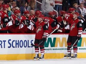 Max Domi (16) of the Arizona Coyotes celebrates with teammates after scoring a third-period goal against the Edmonton Oilers at Gila River Arena on Nov. 12, 2015 in Glendale, Arizona. The Coyotes defeated the Oilers 4-1.