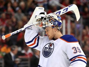 Oilers goalie Anders Nilsson looks on against the Washington Capitals during the second period in Washington, D.C. on Nov. 23, 2015. He will get his second start of the Oilers' road trip on Wednesday against the Carolina Hurricanes.