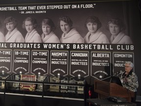 Ann Hall, author and former basketball player provides a brief history of the Edmonton Grads. On the second level of the Saville Centre, a mural dedicated to the team was unveiled on Nov. 26, 2015.