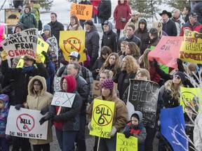 Farmers and ranchers rally outside the Alberta Legislature Friday to protest the province's new farm safety bill that includes them in Occupational Health and Safety precautions.