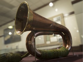 A bugle was blown in Mons at 11:00 AM on Nov. 11, 1918 by a 49th Batallion bugler to sound the end of the Great War. Displayed at the Loyal Edmonton Regiment Museum on Nov. 3, 2015.