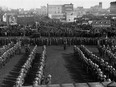 Troops from the 49th Battalion (Edmonton Regiment) at the Edmonton train station upon returning home from the First World War in 1919. On March 22, 1919, there was a  parade to welcome home Edmonton soldiers returning from the First World War.