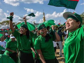 Supporters of the Union Solidarity and Development Party take part in a rally in Yangon on Nov. 6, 2015, two days ahead of the landmark elections in Burma.