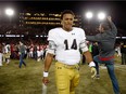 DeShone Kizer of the Notre Dame Fighting Irish walks off the football field after the team lost to the Stanford Cardinal on a last-second field goal at Stanford Stadium on Nov. 28, 2015 in Palo Alto, Calif.