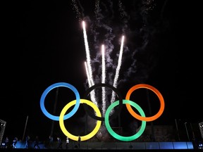 The Olympic Rings are unveiled at a ceremony at Madureira Park May 20, 2015 in Rio de Janeiro, Brazil.