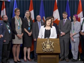 Minister of Justice and Solicitor General Kathleen Ganley speaks Thursday about about Bill 7, the Alberta Human Rights Amendment Act,  at the legislature.