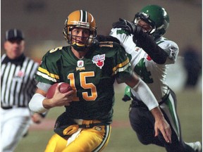 Edmonton Eskimos quarterback Ricky Ray scrambles for a first down in the 2003 West Division final against the Saskatchewan Roughriders at Commonwealth Stadium.