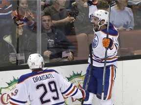 Edmonton Oilers right wing Teddy Purcell celebrates after his game-wining goal against the Anaheim Ducks during overtime in an NHL hockey game Wednesday, Nov. 11, 2015, in Anaheim, Calif. The Oilers won 4-3.