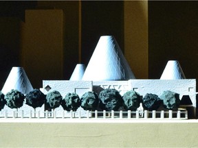 Model of architect Gene Dub's original City Hall design featuring four cones.