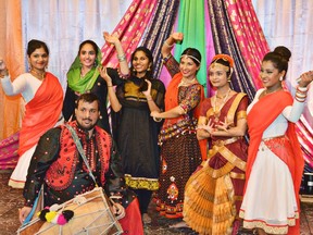 Stars of the Dwali gala at Edmonton Northlands Saturday night were Ashley Kumar's dancers from her South Asian Arts Movement Society. They are, from left, Manali Deshpande; Mehrnaaz Teja; Naveena Dheendayalan; Ashley Anjlien Kumar; Lekhini Bhatt; and Menaka Kumburutenne. Drummer in front is Gurman Heera.