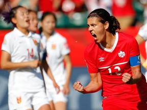 Christine Sinclair of Canada reacts after scoring the go-ahead goal on a penalty kick in the final minutes against China during the FIFA Women's World Cup Canada 2015 Group A match between Canada and China PR at Commonwealth Stadium on June 6, 2015 in Edmonton.