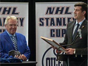 Mayor Don Iveson hosts a celebration for former Oilers coach and general manager Glen Sather, whose Stanley Cup-winning teams made Rexall Place a hockey shrine.