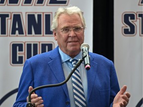 Glen Sather speaks to a crowd at the Winspear Centre as Mayor Don Iveson hosted a celebration in his honour on Thursday, Dec. 10, 2015. The former Oilers head coach and general manager is in Edmonton for a banner raising ceremony to mark his accomplished career with the Oilers.