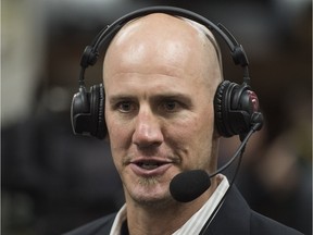 Jason Maas does a radio interview after the Edmonton Eskimo Football Club announced his hiring as head coach, the 21st in club history at Commonwealth Stadium on Dec. 14, 2015.