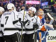 Edmonton Oilers goalie Cam Talbot watches as Los Angeles Kings defenceman Drew Doughty celebrates a goal with his teammates during an NHL game at Rexall Place on Tuesday, Dec. 29, 2015.