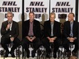 Former Edmonton Oilers captains, from left, Craig MacTavish, Kevin Lowe, Al Hamilton and Kelly Buchberger talk about former coach Glen Sather during a press conference Wednesday at Rexall Place.