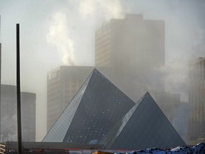 Ice fog covers the downtown skyline on a cold morning in Edmonton.