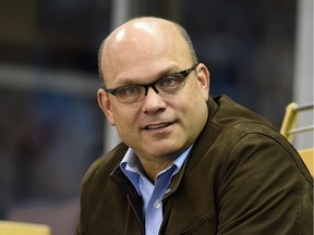 General manager Peter Chiarelli looks on during Oilers practice at Rexall place in early October 2015. He will watch his new team take on his former Boston Bruins club on Monday.