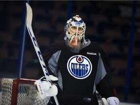 Oilers goalie Anders Nilsson during an Oilers practice at Rexall Place on Dec. 3, 2015.