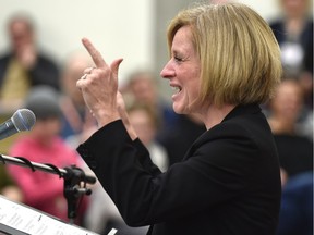 Premier Rachel Notley speaks to party members at the NDP's provincial council meeting at MacEwan University in Edmonton on Dec. 12, 2015.