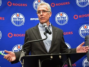 Edmonton Oilers General Manager Craig MacTavish at a news conference fielding question about the firing of Oilers head coach Dallas Eakins on Dec. 15, 2014. MacTavish will become the interim coach and will transition Todd Nelson to be the head coach.