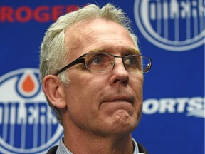 Edmonton Oilers general manager Craig MacTavish at a news conference fielding question about the firing of Oilers head coach Dallas Eakins in Edmonton, December 15, 2014.