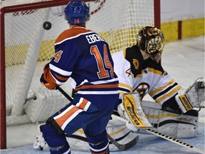 EDMONTON, ALTA: DECEMBER 3, 2015 -- Edmonton Oilers Jordan Eberle (14) scores in the shoot out against Boston Bruins goalie Tuukka Rask (40) during NHL action at Rexall Place in Edmonton, December 3, 2015. (ED KAISER/EDMONTON JOURNAL)