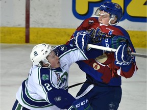 Edmonton Oil Kings' Brayden Gorda, right, seen in action in a Dec. 5 game against the Swift Current Broncos , is becoming a force on the blue line.