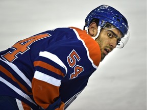 Edmonton Oilers' Jujhar Khaira pauses during the warmup before playing the Dallas Stars in NHL action at Rexall Placeon Friday, Dec. 5, 2015.