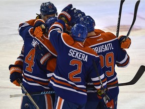 Edmonton Oilers celebrate a goal against the Buffalo Sabres in Edmonton on Dec. 6, 2015. The Oilers won their last three games despite having an unstable lineup due to injuries.