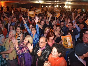 NDP supporters jam election night headquarters at Edmonton's Westin Hotel waiting for premier-elect Rachel Notley on May 5, 2015.